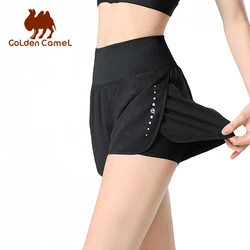 Camel Yoga Pants Women's 2 Layer Shorts Anti-light Running Sports Short for Women 2023 Summer High Waist Tight Hip Fitness Pants