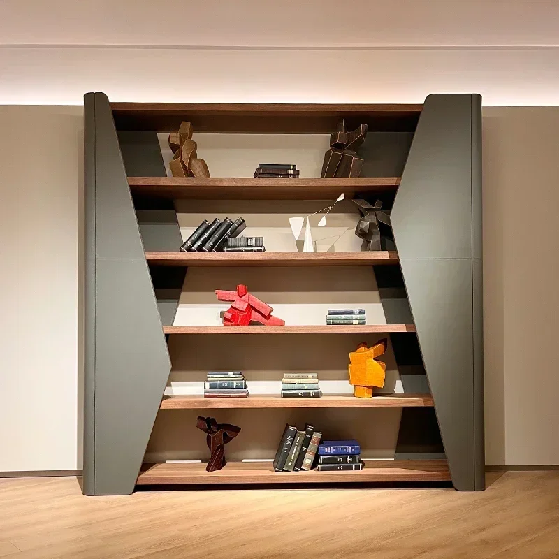 

Customized Italian light luxury bookcase Italian designer high-grade saddle leather display case home walnut display