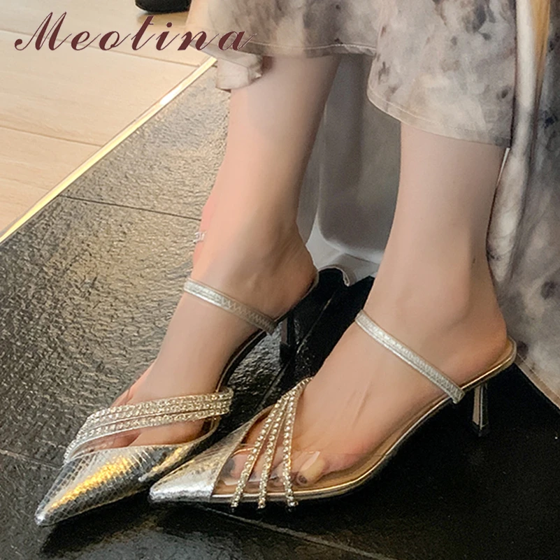 

Сандалии Meotina женские на тонком высоком каблуке, заостренный носок, стразы, узкие ремешки с кристаллами, модная летняя обувь, черные, серебристые, 40