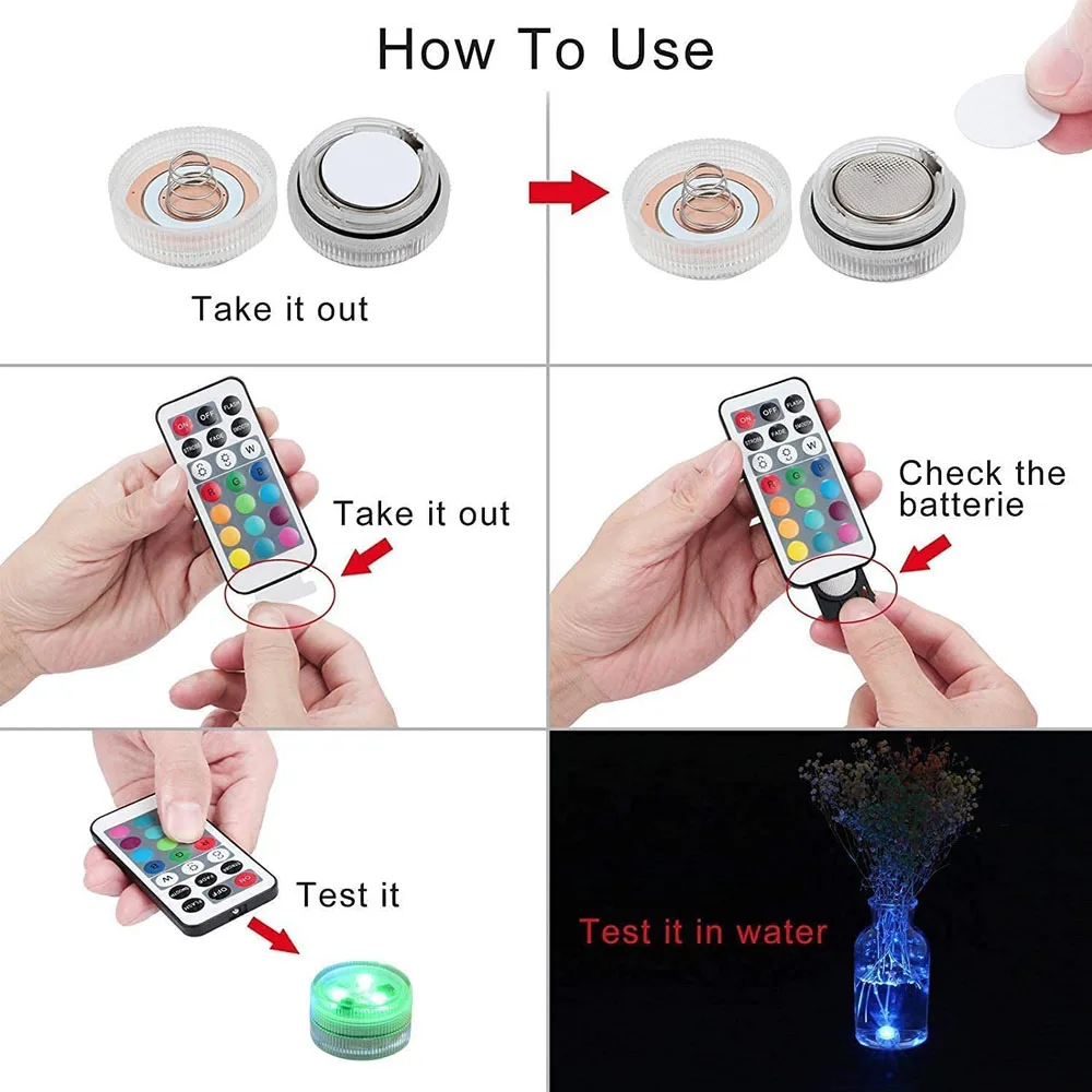 10Pcs Mini Submersible LED Lights with Remote Control Tea Lights Small Underwater Lights Light for Party Vase Fishtank Hot Tub