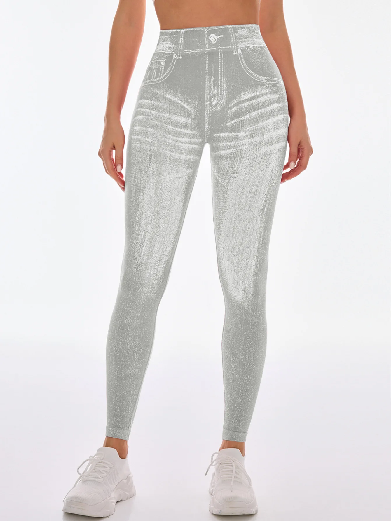 Damen Gym Bedruckte Yoga-Leggings Nahtlose Hochtaillierte Denim-ähnliche Perforierte Hosen mit Fake-Taschen Yoga Fitness Leggings – Detail 12