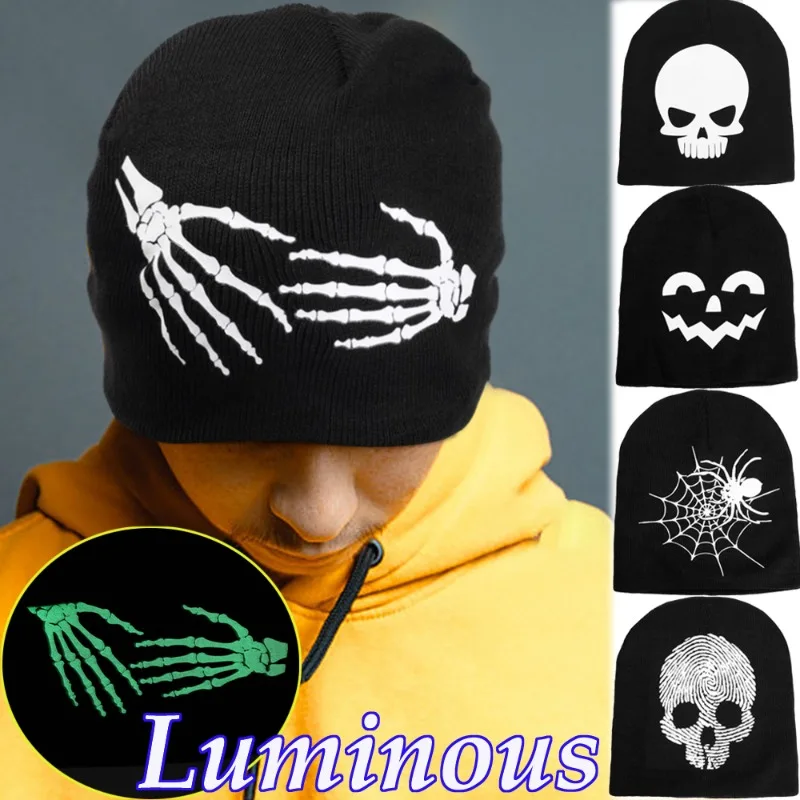 New Luminous Knitting Beanies Hats Men Women Gothic Skull Spider Web Cap Fashion Y2k Winter Warm Skullies Beanies Halloween Caps