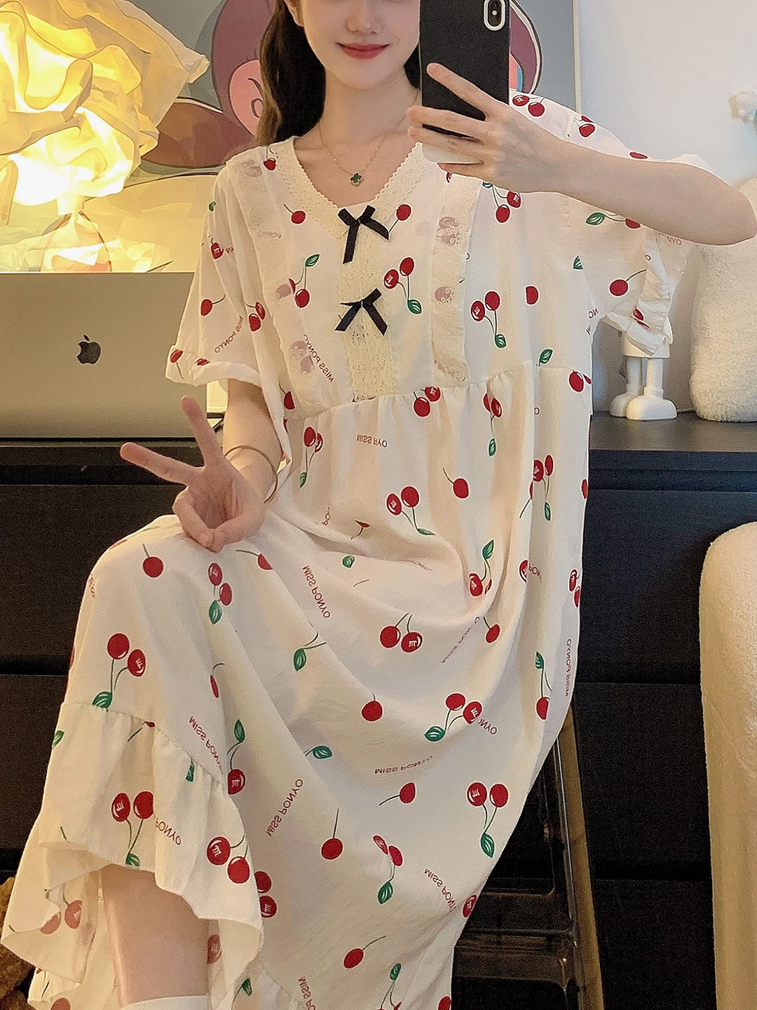 Princess Style Sleepwear Women's Short Sleeve Nightgown with Chest Pad Summer Breathable Home Clothes Large Size 300 Pounds