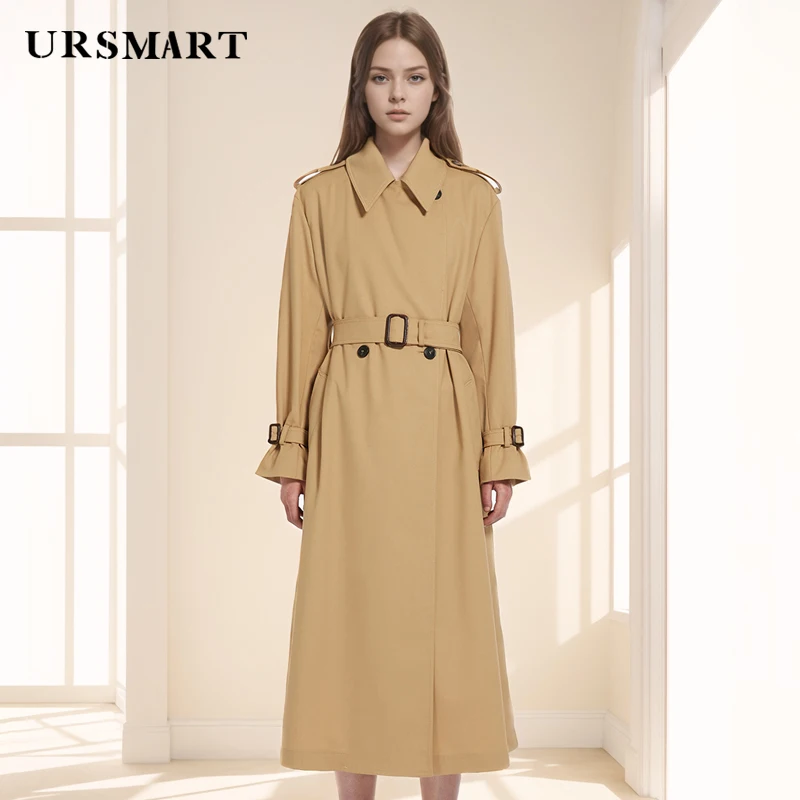 Classic Ankle-Length Khaki Women's Trench Coat – Double-Breasted Waistband, Elegant Custom Warm Casual Windbreaker