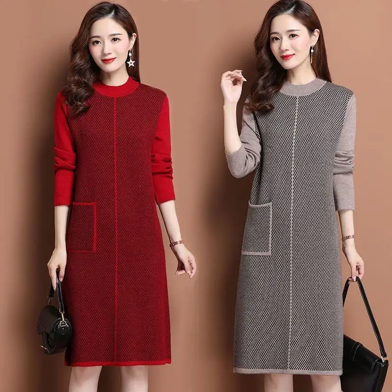 Oversize Women Dresses For Autumn Winter 2024 New Fashion Pockets Half High Collar Pullover Patchwork Office Lady Clothes Dress