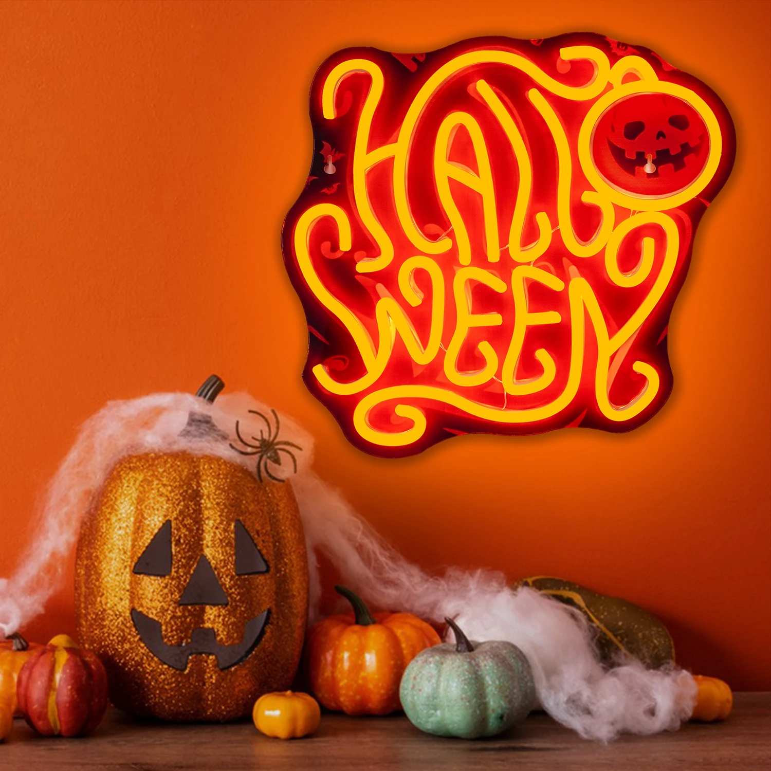 ป้ายไฟนีออนรูปฟักทองฮาโลวีน แบบพิมพ์ UV ใช้พลังงานจาก USB สำหรับตกแต่งผนังห้องครัว บาร์ ห้องนอน งานปาร์ตี้ฮาโลวีน