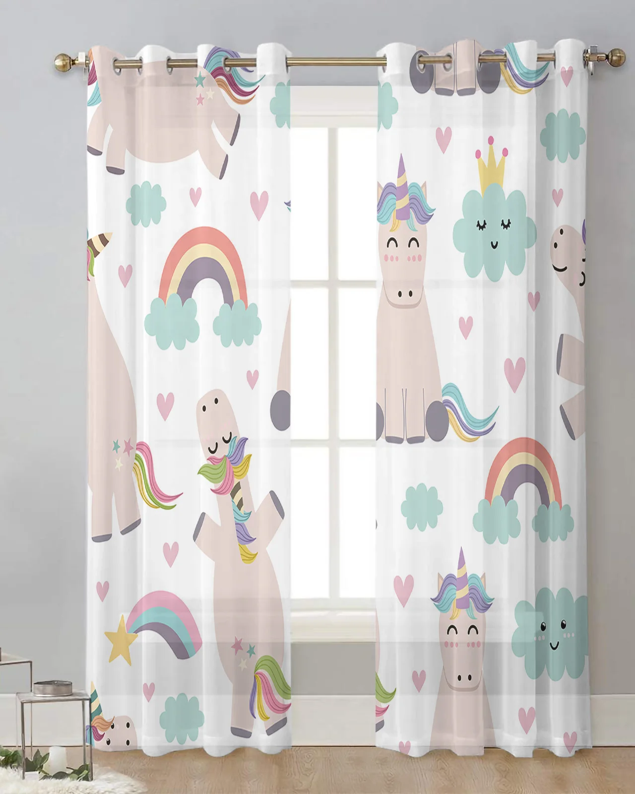 Cartoon Seahorse Rainbow Wooden Horse Voile Hanging Curtain Living Room Sheer Curtain Home Decor Drapes Gauze Window Panels