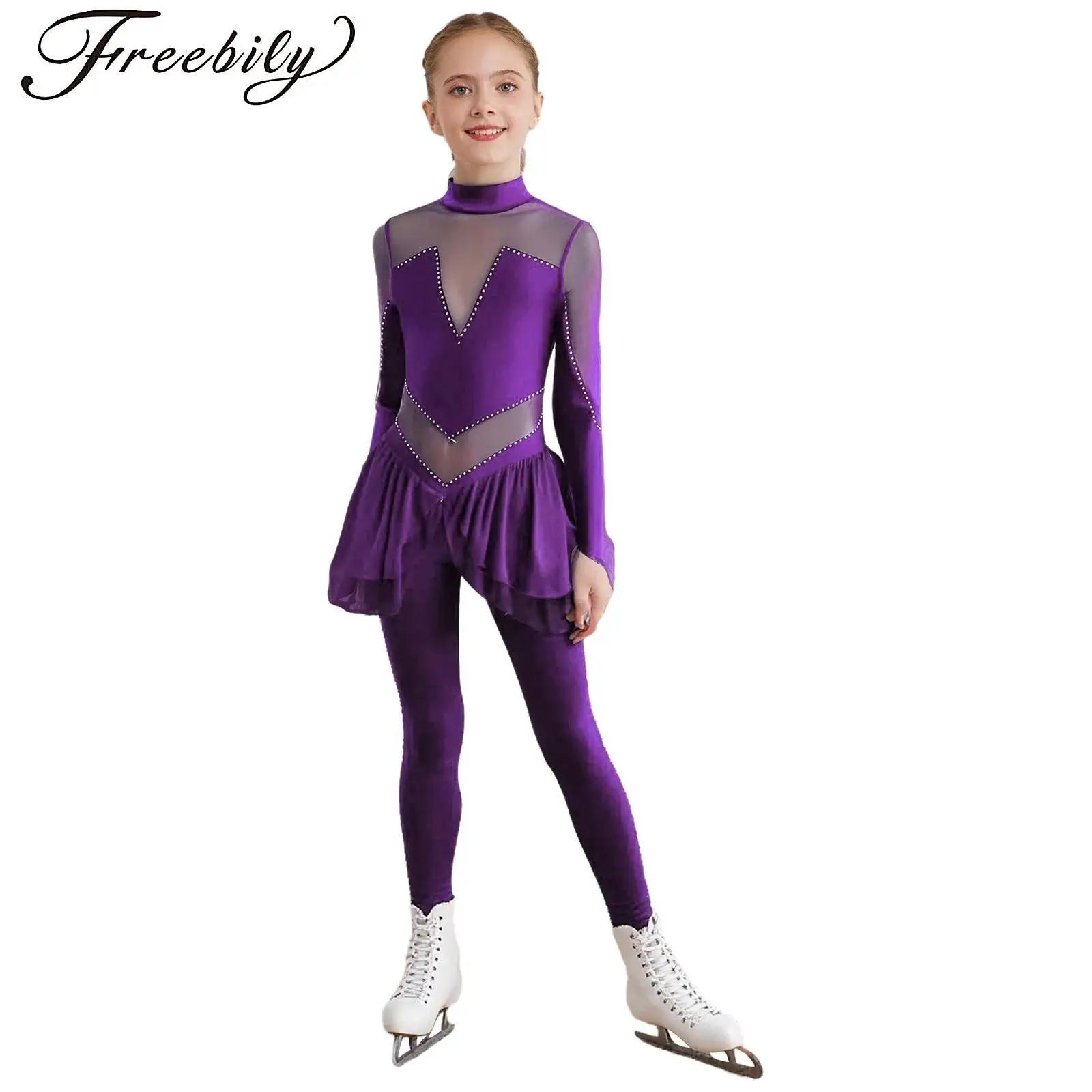 

Girls Ballet Dance Leotard Jumpsuit Long Sleeve Sheer Mesh Figure Skating Bodysuit Rhinestones Gymnastics Tank Unitard Workouts