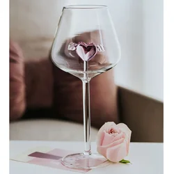 Large Capacity Creative 3D Diamond Pink Glass Rose Winged Heart Build-in Red Wine Glasses Cup Stemware Goblets Lovely Gift 1 PC