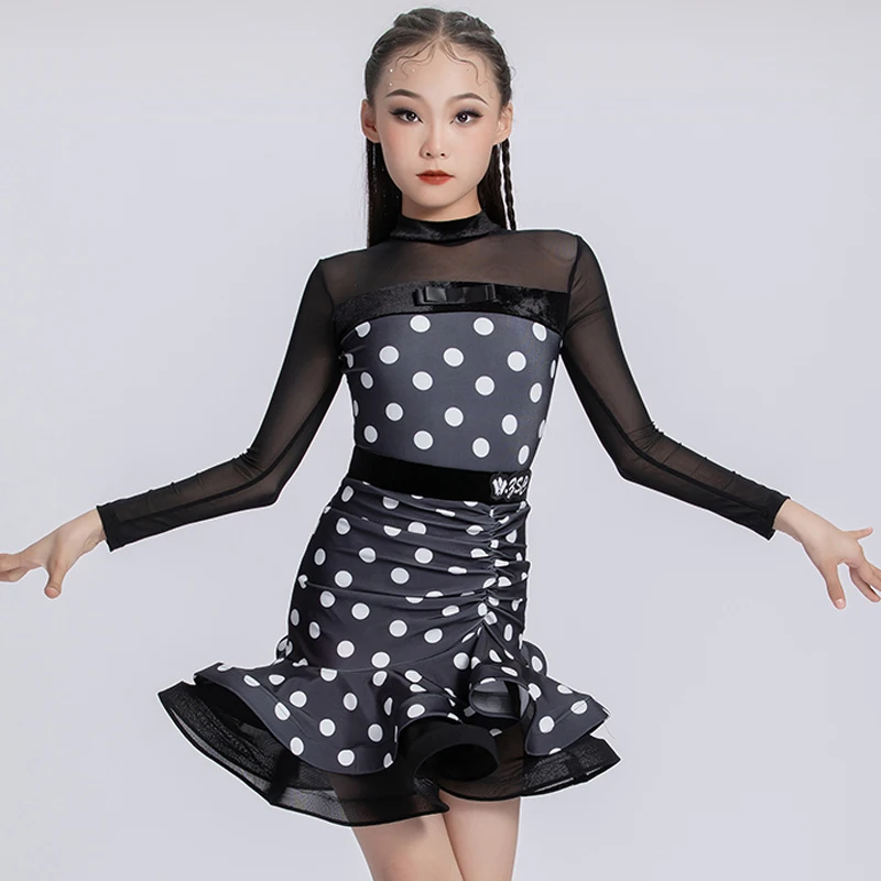 

Children'S Latin Dance Professional Clothing Girls Polka Dot Latin Dance Dresses Kids Performance Dancing Costumes XS8661