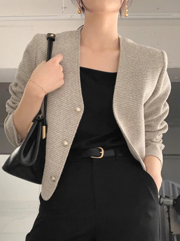 

Chic Vintage V-Ne Metal Button Long Sve Loose ort Outerwear for Women Sli Commute Sle Straight Cut Regular Thi...