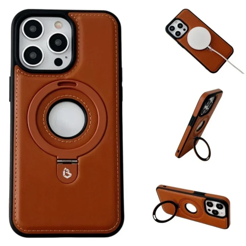 Invisible Ring Bracket Magnetic Suction Leather Case for iPhone 15 Pro Max 16 14 Plus 13 Pro 12 Shockproof Stand Holder Cover