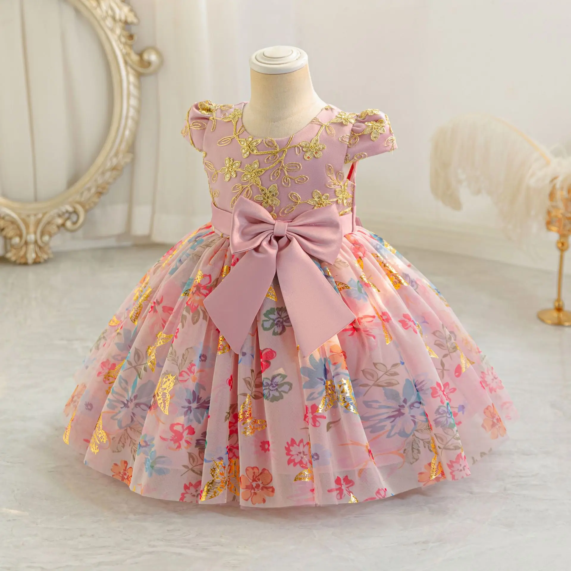 HETISO Kids Flower Embroidery Dresses Baby Girl Party Ball Gown Children's Pink Floral Lace Clothing for 1-5 Years