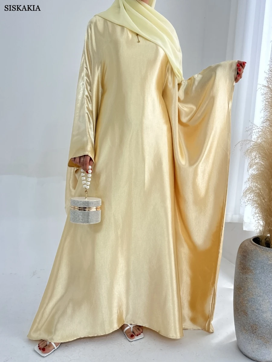 2.Siskakia New Batwing Sleeve Long Modest Dresses Women Solid Abayas Dubai Loose Polyester Kaftan 2025 view 4