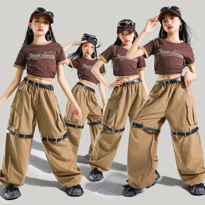 ملابس رقص الجاز للفتيات Kpop أداء الزي البني المحاصيل الأعلى الهيب هوب بنطلون أطفال عرض الرقص المرحلة زي ملابس الشارع 2104