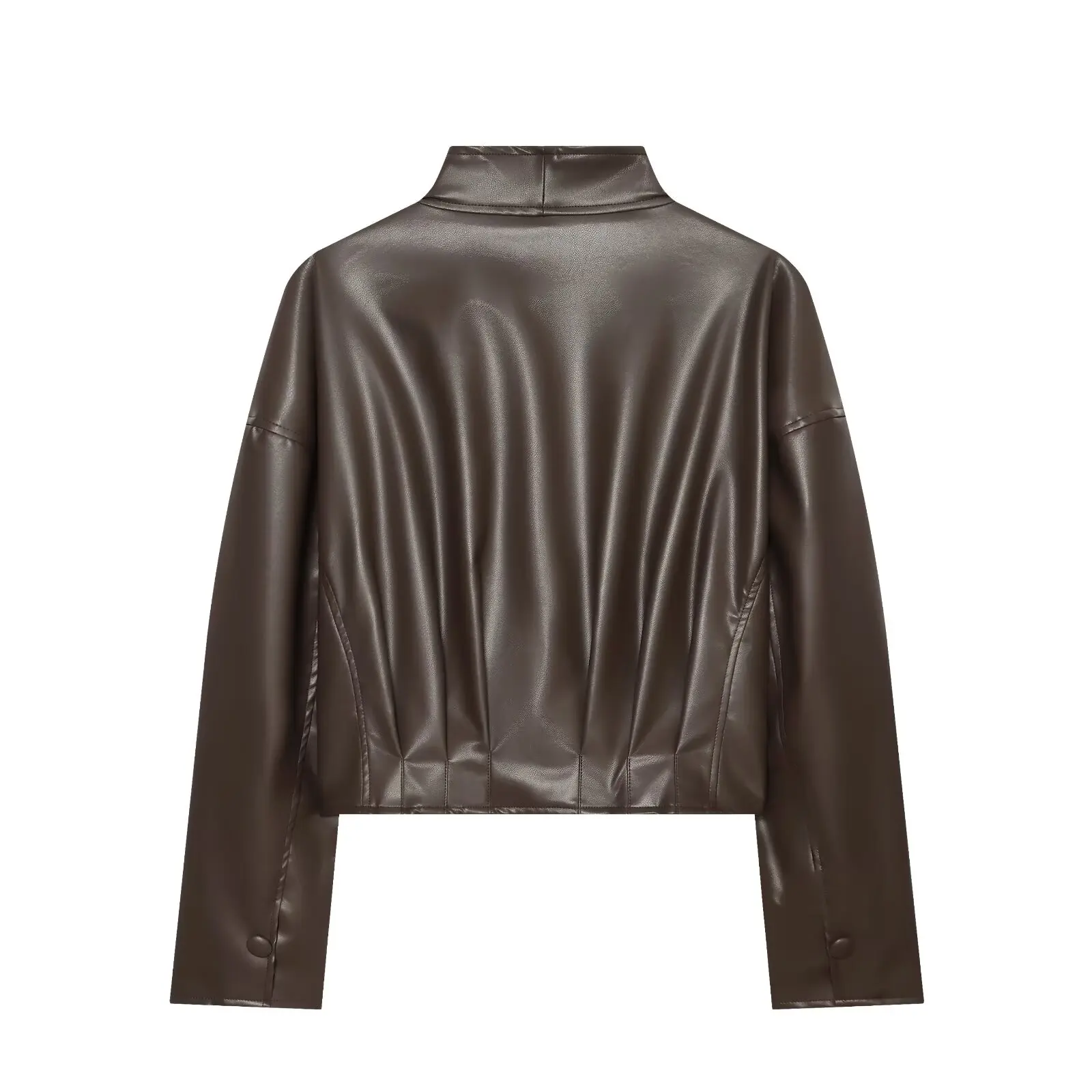 BSAY Autumn Commuter Women's Stand Collar Solid Color Faux PU Leather Jacket Long Sleeve Asymmetric Placket Cropped Outerwear