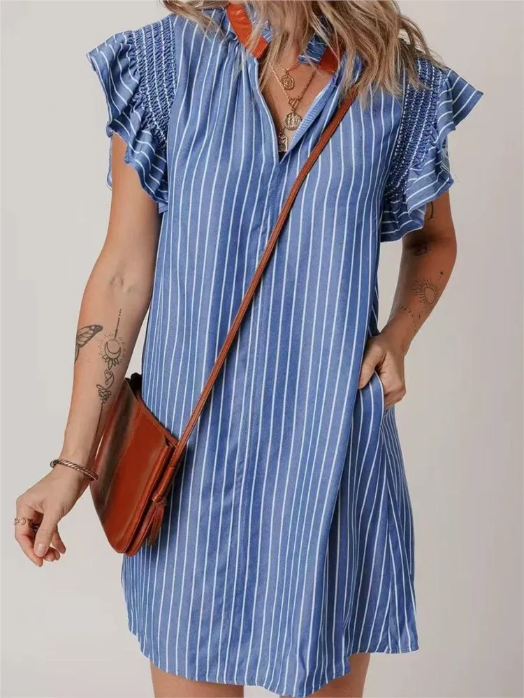 

Summer New Loose Pocket Straight Skirt Fashion Striped V-neck Short Sleeve Mini Dresses Women's Casual Party A-line Dress