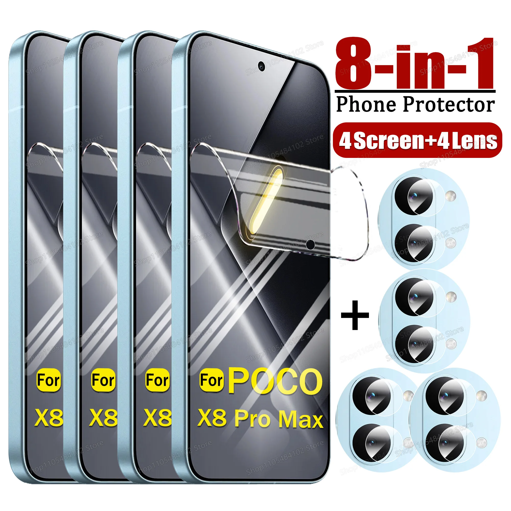 8-IN-1 Für POCO X8 X7 X6 X5 X4 X3 NFC HD Slim Hydrogel-Folie Für POCO X8 Pro Max Displayschutzfolie Für POCO X7 Pro Weiche Linsenschutzfolie