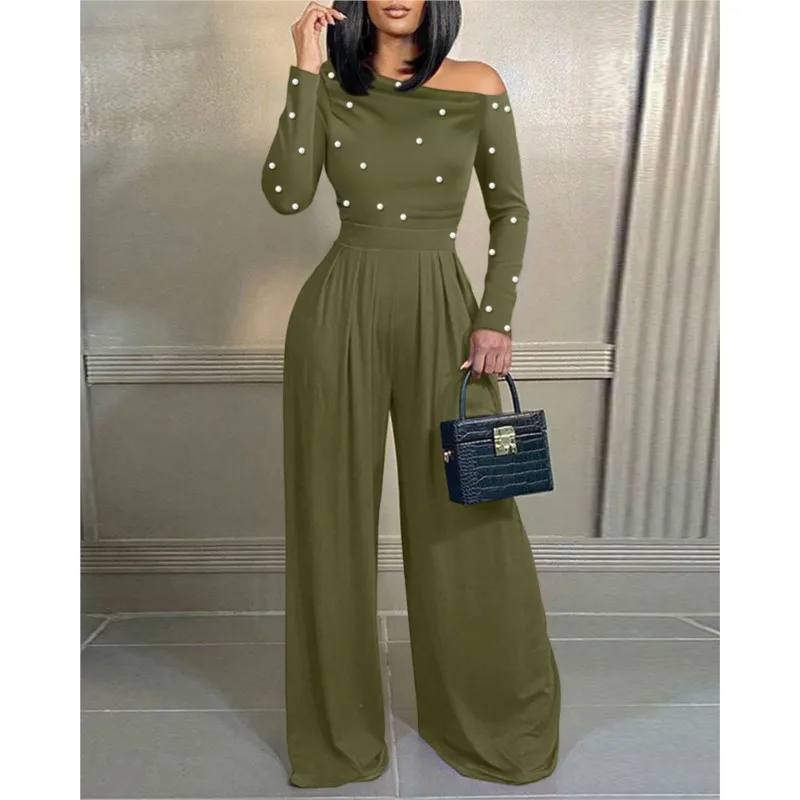 Sexy Off Shoulder Women's Jumpsuit Summer Fashion Bead Splicing Design Long Sleeved Jumpsuits Lady Foreign Style Office Clothing