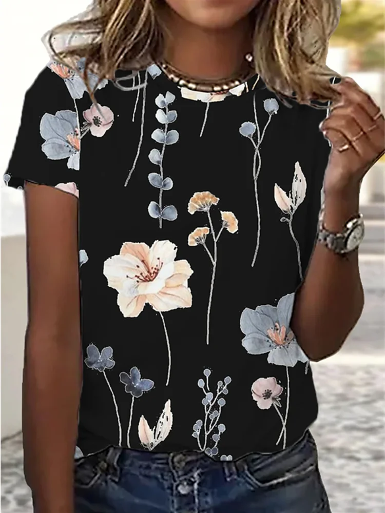 

Fashion Simple Short Sleeve T-shirt Floral Pattern 3D Printed Round Neck Comfortable Casual Women's Short Sleeve Top Summer New