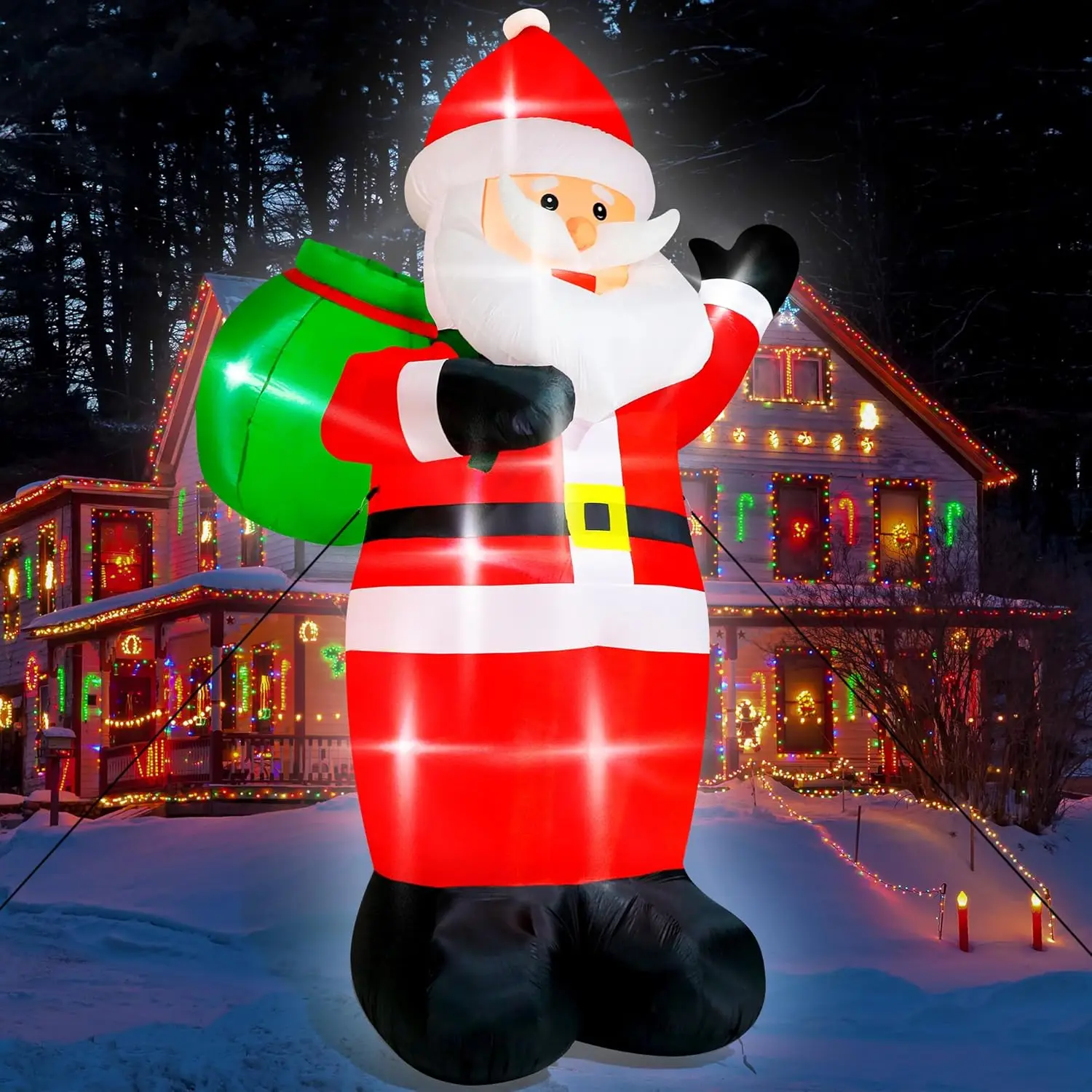 

15FT Christmas Inflatables, Giant Inflatable Santa Claus Holding Gift Bags, Blow Up Christmas Santa Claus with 8pcs LED, Inflata