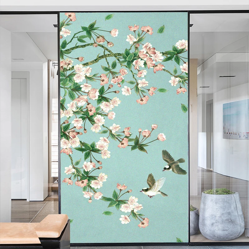 Window Film Privacy Frosted Glass Sticker Heat Insulation and Sunscreen Birds And Flower Decoration Adhesive sticker for Home