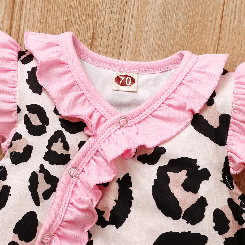 0-12 Months Newborn Baby Girl Bodysuit Fly Sleeves Romper + Headband Toddler Girl Summer Fashion Leopard Pattern Jumpsuit