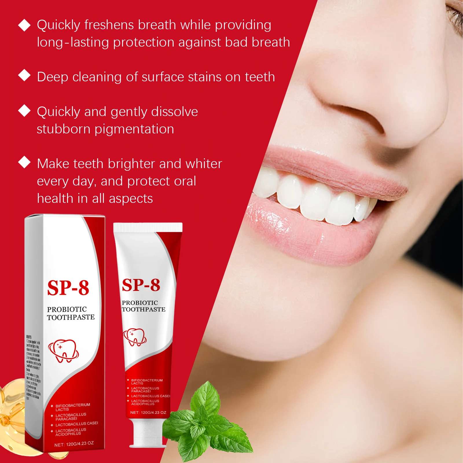 Pasta de dientes probiótica Sp-8, 120g, menta, aliento fresco, blanqueamiento, limpieza dental, elimina las manchas de placa, previene el cuidado gingival de las caries