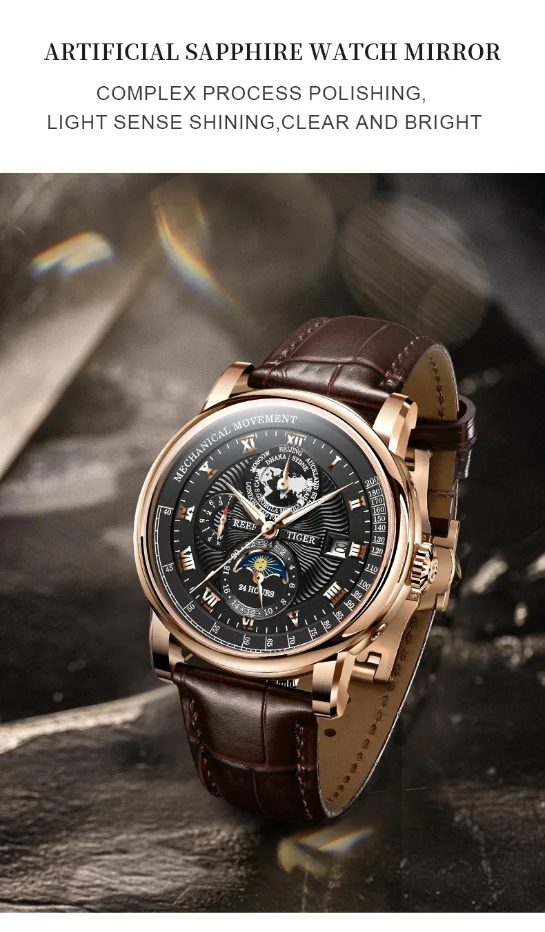 Мужские автоматические часы Reef Tiger, 42,5 мм, винтажные механические наручные часы, 50 м, водонепроницаемые, с сапфировым стеклом, с несколькими циферблатами, месяца, неделя, дата