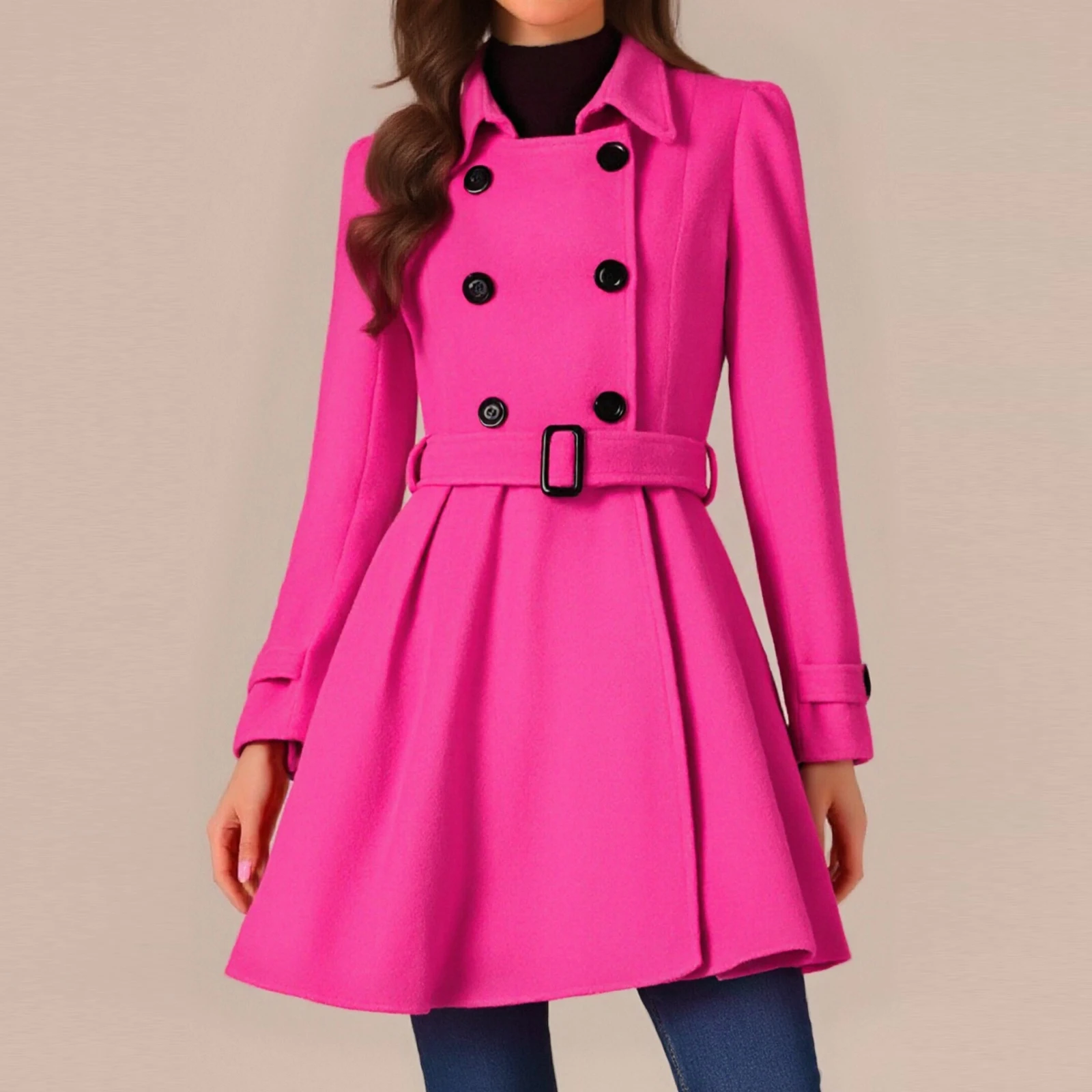 

Women'S Winter Solid Color Slim Fit Medium Long Woolen Coat With Belt And Woolen Coat For Outdoor Daily Wear