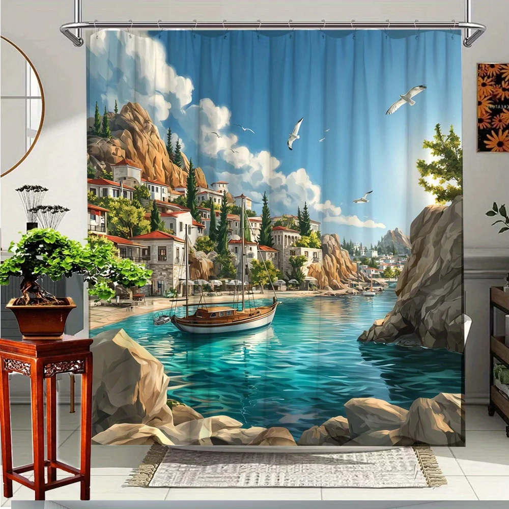 1pc Mediterranean Coastal Shower Curtain - Extra Wide Bathroom Decor with Greek Island Village, Boats & Seagulls - High Quality