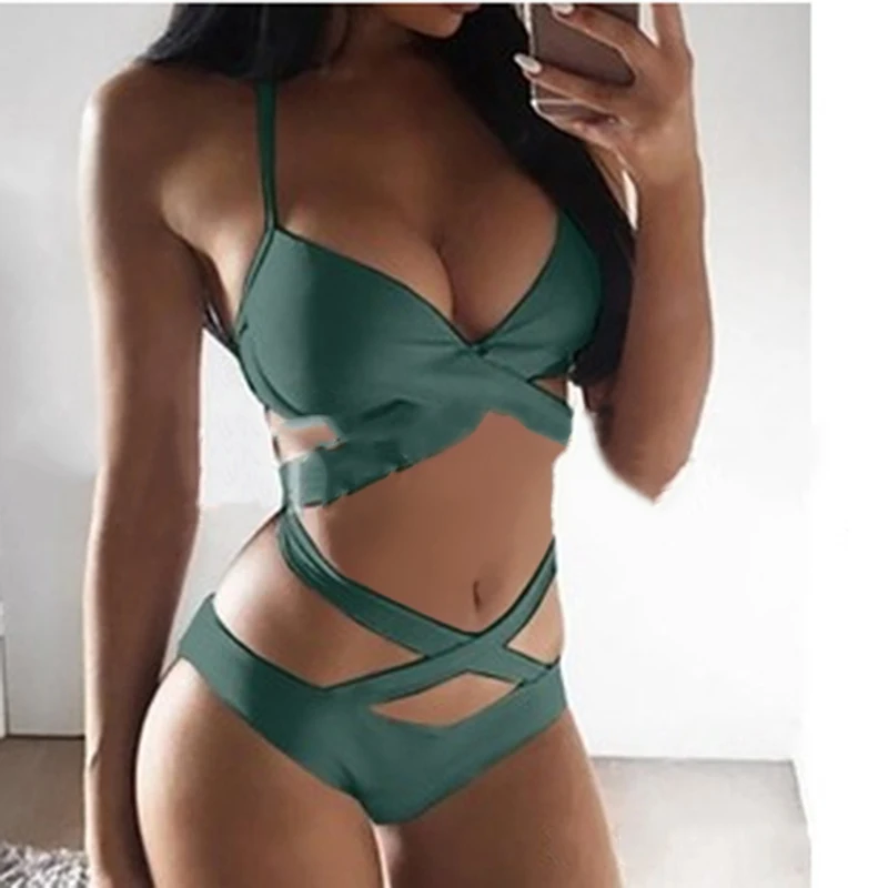 Sexy Hollow Bikini Push Up Padded Swimwear Women Traje De Bano Mujer Trikini Maio Biquini Monokini Swimsuit Badpak Maillot