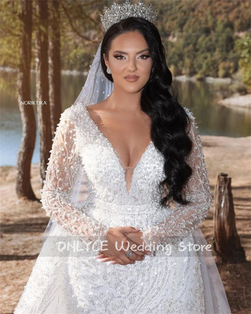 Glitter ชุดแต่งงาน 2024 ที่ถอดออกได้รถไฟ Veil ชุดเจ้าสาวแขนยาว Robe ไข่มุกลูกปัดคริสตัล Vestidos ที่กําหนดเอง