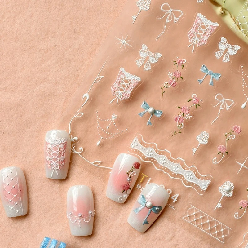 Retro Lace Corset Laced Bodice Wrap Top British Classical Dress Bowknot Rose Star Key Adhesive Nail Art Sticker Manicure Decals