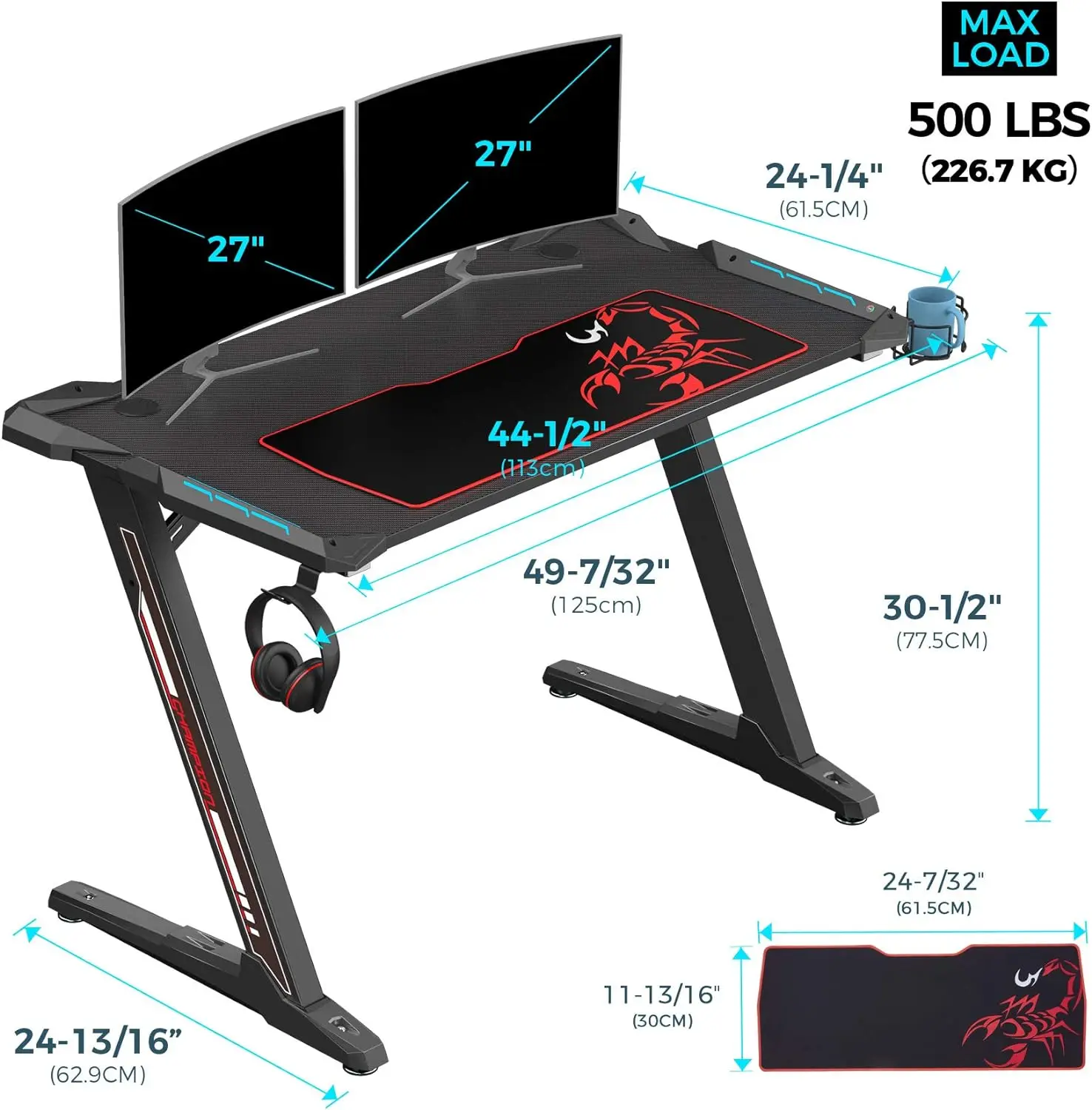 EUREKA ERGONOMIC Bureau de jeu Z1-S Pro avec lumières LED, bureaux de maison et de bureau, support de contrôleur de tables de jeu, 44.5 po