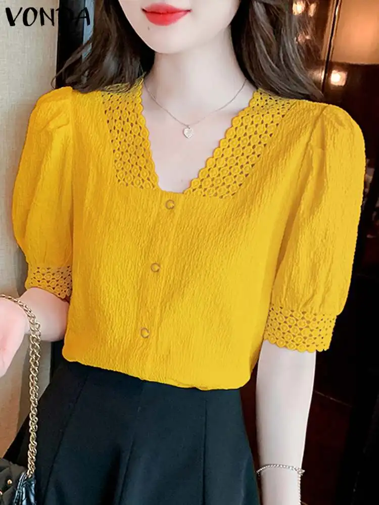 VONDA Women Lace Shirts 2024 Summer Tops Fashion Sexy V-Neck Casual Solid Color Blouses Elegant Short Puff Sleeve Loose Blusas