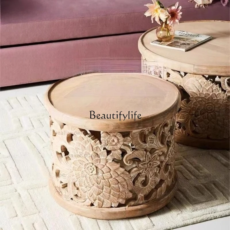 

American retro style solid wood hand-carved hollow tea table French round old and fully decorated living room side coffee table
