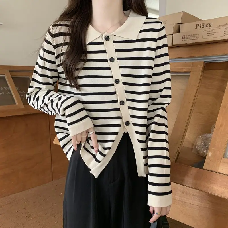 

Contrasting Colors Striped Knitted Blouse Spring Autumn Asymmetrical Single-breasted Women's Clothing Chic Split Irregular Shirt