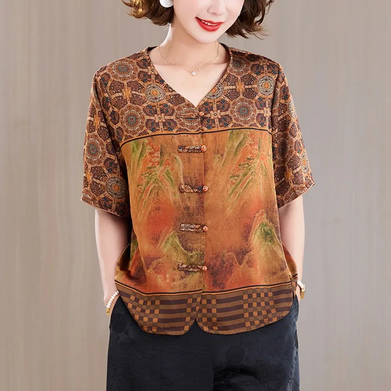 

Women's Blouse Korean Style Casual Silk Printed Blouses V Neck Short Sleeve Button Front Top Folk Print Geometric Pattern Tunic