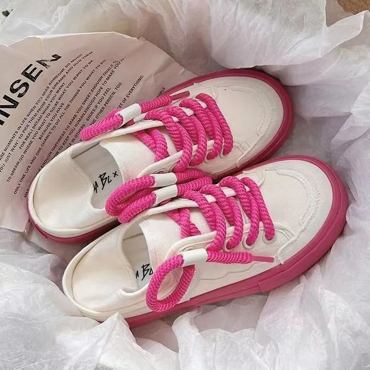 Zapatos blancos pequeños con cordones, zapatillas de lona transpirables, suela gruesa, informales, con cordones, primavera y verano, 2023