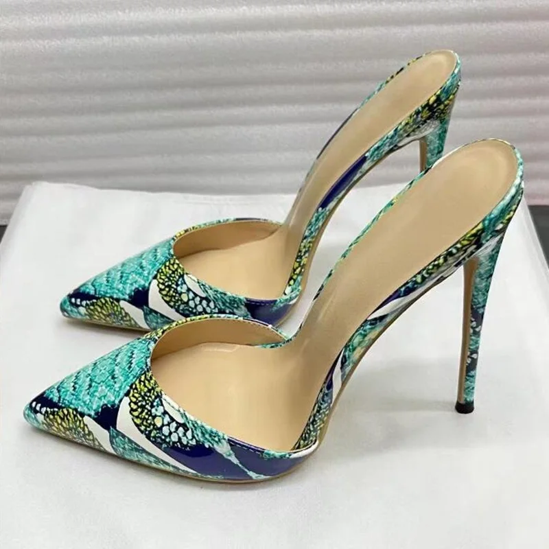 

Mixed Colors Patchwork High Heel Mules Shoes Pointed Toe Women Sandals Slip On Snakeskin Printed Leather Slippers