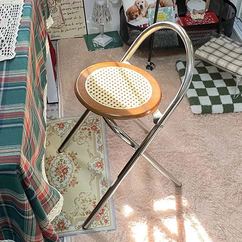 Wabi-Sabi Rattan Bar Stool - Compact Folding Stainless Steel Chair Minimalist Cafe Stools for Home/Coffee Shop& Instagram Decor‌