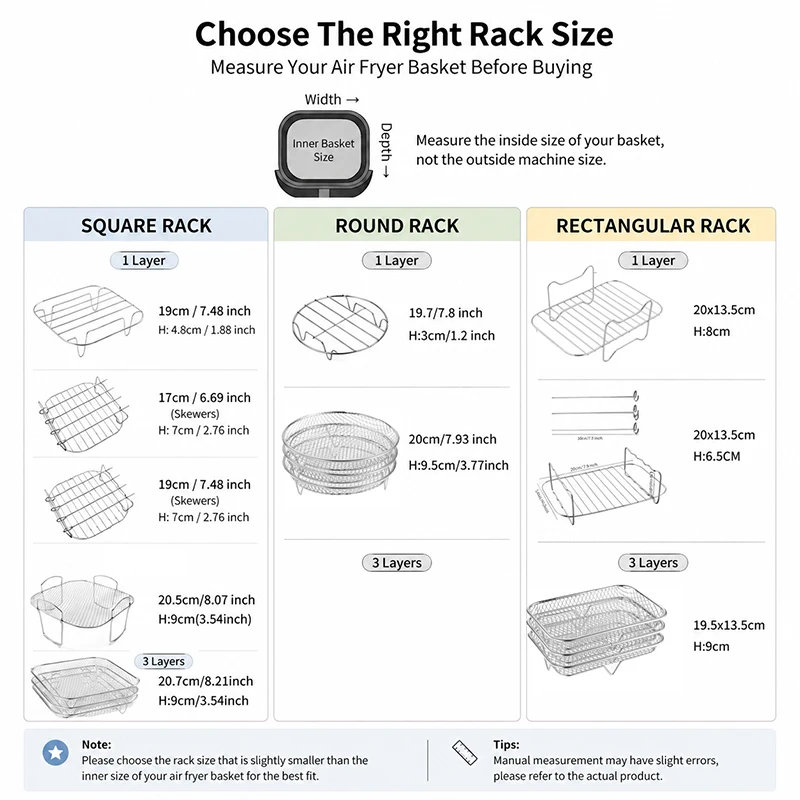 Air Fryer Rack Stainless Steel Stackable Grill Rack Round Square Rectangle Compatible with Ninja Cosori Xiaomi Mouline