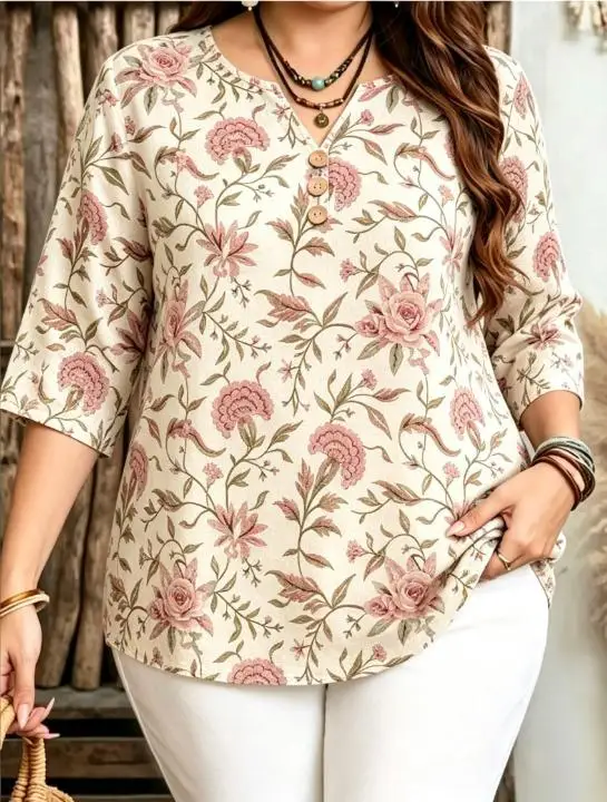 Plus Size Ditsy Floral Blouse Notch V Neck 3/4 Sleeve Wooden Front Buttons Loose Casual Daily Soft Shirt