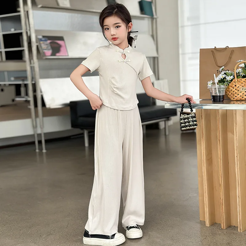 

Girls Suits Summer Set 2024 New Medium and Large Children Fashion Short Sleeve Loose Wide Leg Pants Casual Two-piece Set