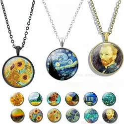 Van Gogh Necklace Starry Night Sky Sunflower Pendant Art Oil Paintings Glass Cabochon Jewelry Fashion Gifts Dropshipping