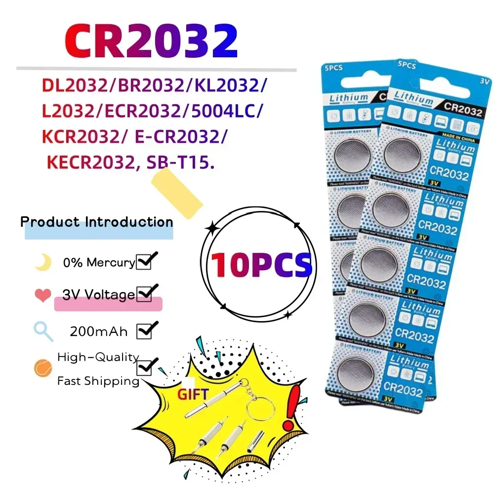 

10PCS 3V CR2032 Button Batteries 200mAh CR 2032 DL2032 KL2032 BR2032 Lithium Cell Coin Watch Car key toys Battery