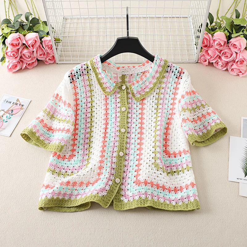 Button Up Crochet Shirt for Women Short Sleeve Collored Blouse Openstitch Knit Cover-up Spring Summer 2026 Boho Festival