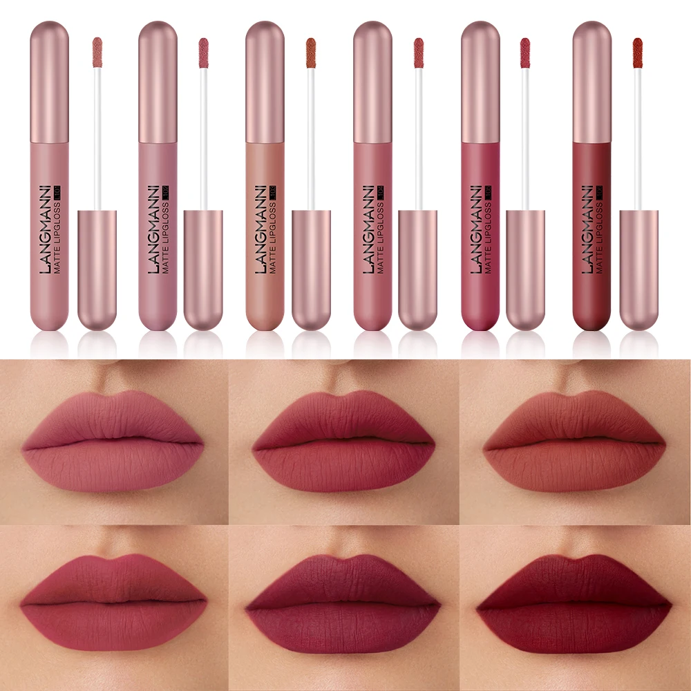Langmani 6-pack/set matte lip gloss velvet lipstick, long-lasting and non stick to cup liquid lipstick