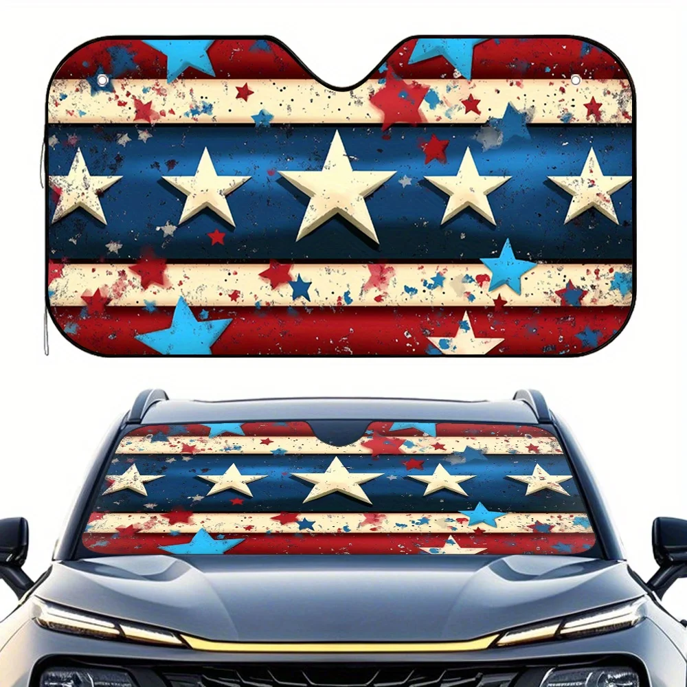 1pc 2D Flat Star Bar Background Print Car Sunshade – Keeps Your Car Cool, 4 Free Suction Cups, Foldable & Easy Installation, Fit